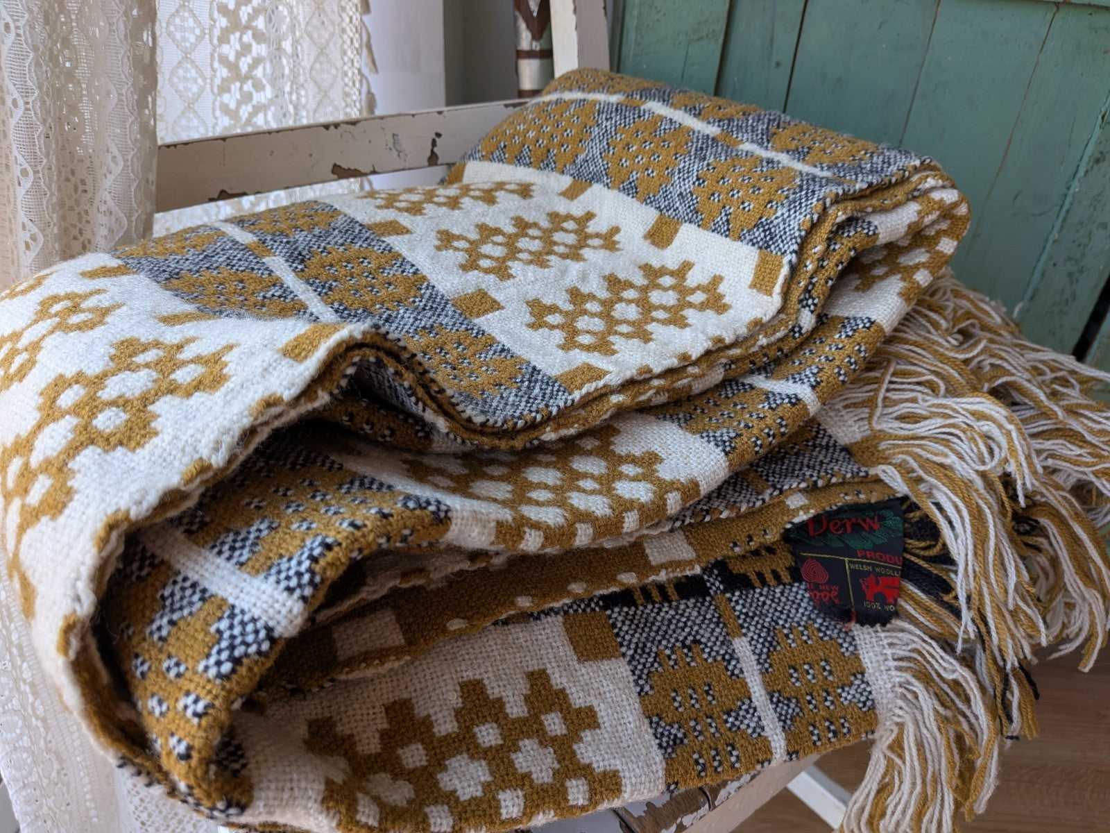 Rare VTG Welsh Wool Blanket Tapestry Black White Reversible Throw Mustard Yellow