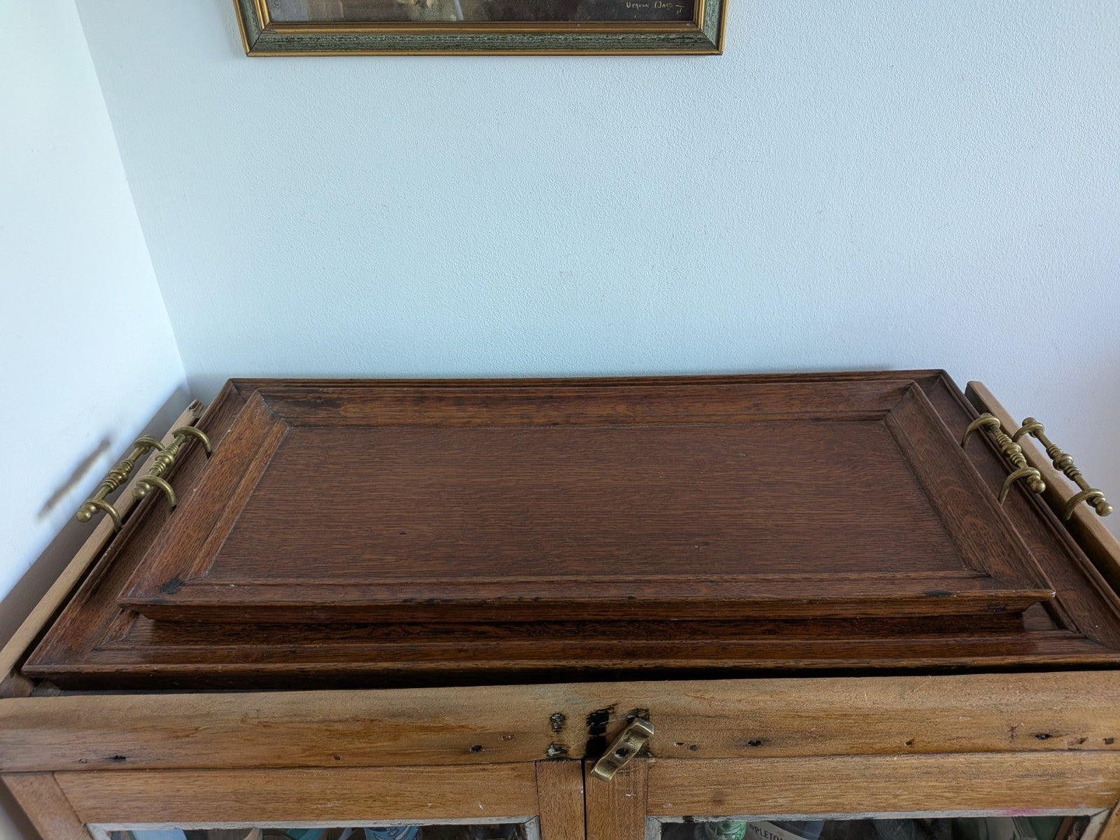 Pair Set Antique Wooden Serving/Butler Tray with Brass Arts & Crafts Handles Oak
