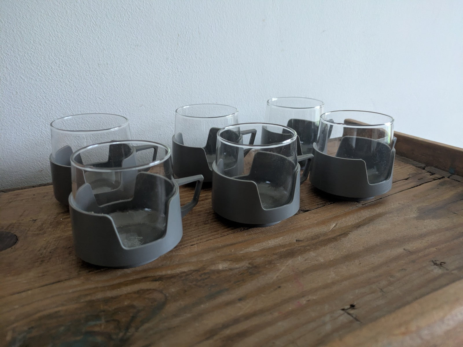 6 Grey Drink Mugs Cups Vintage JAJ Pyrex Camping Caravan Camper Picnic Set Retro