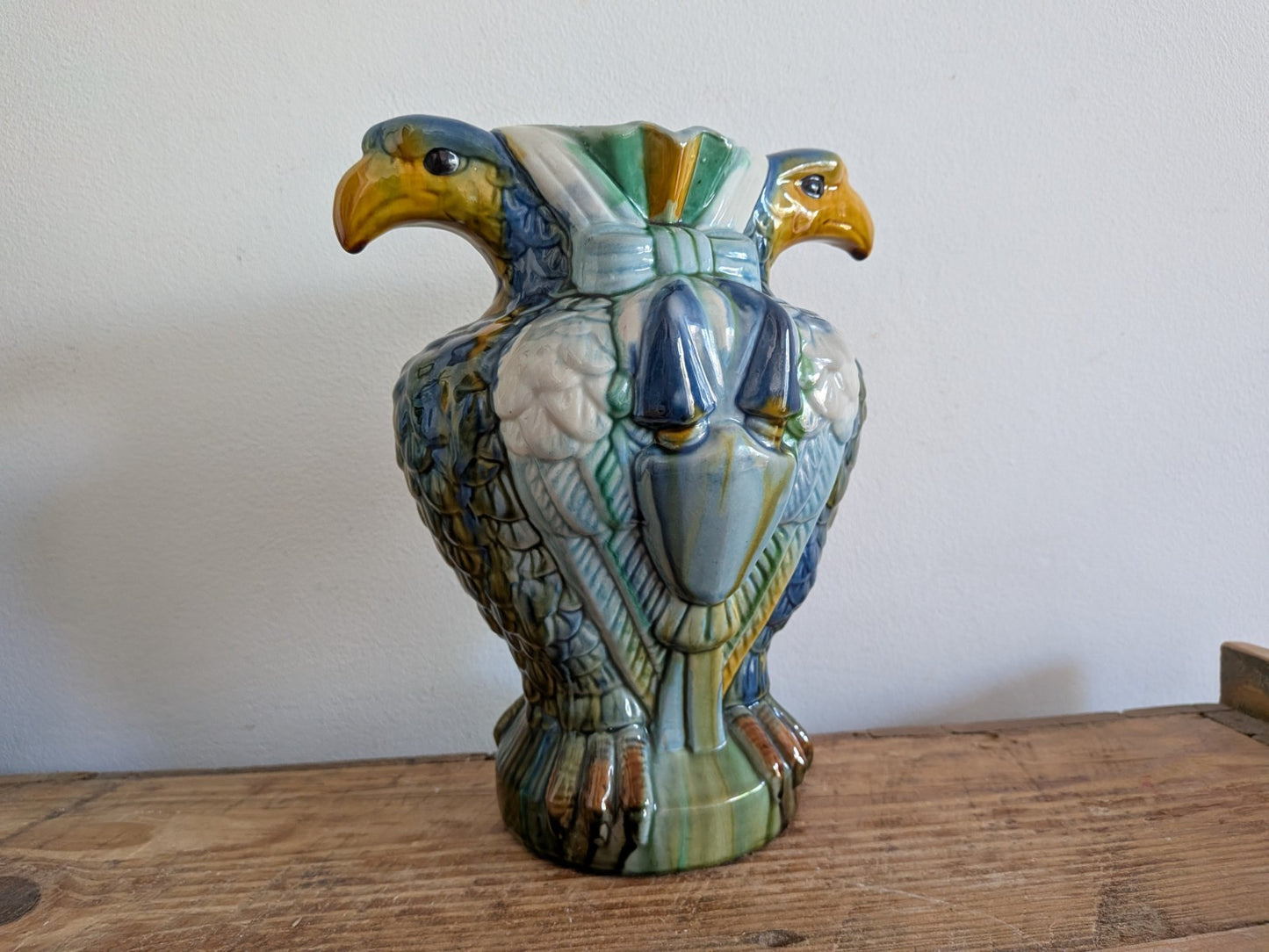 Vtg Mid Century Majolica Style Italian French Double Eagle Head Earthenware Vase