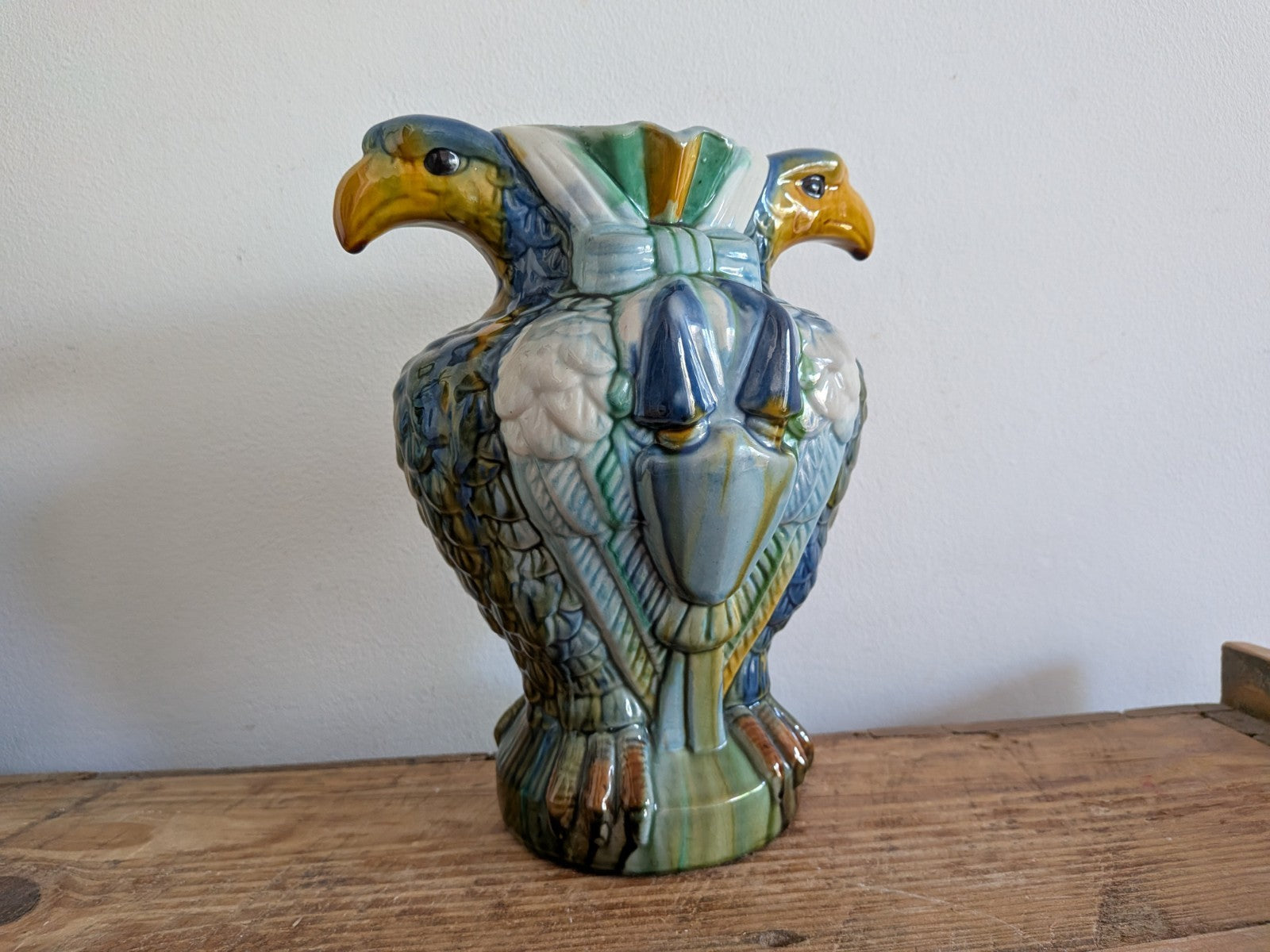 Vtg Mid Century Majolica Style Italian French Double Eagle Head Earthenware Vase