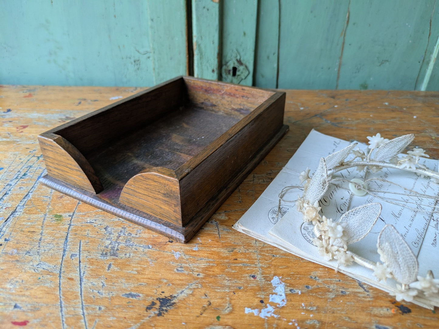 Antique Wooden Desk Filing Tray Paper File Storage 1920s Corners Early VTG Oak.