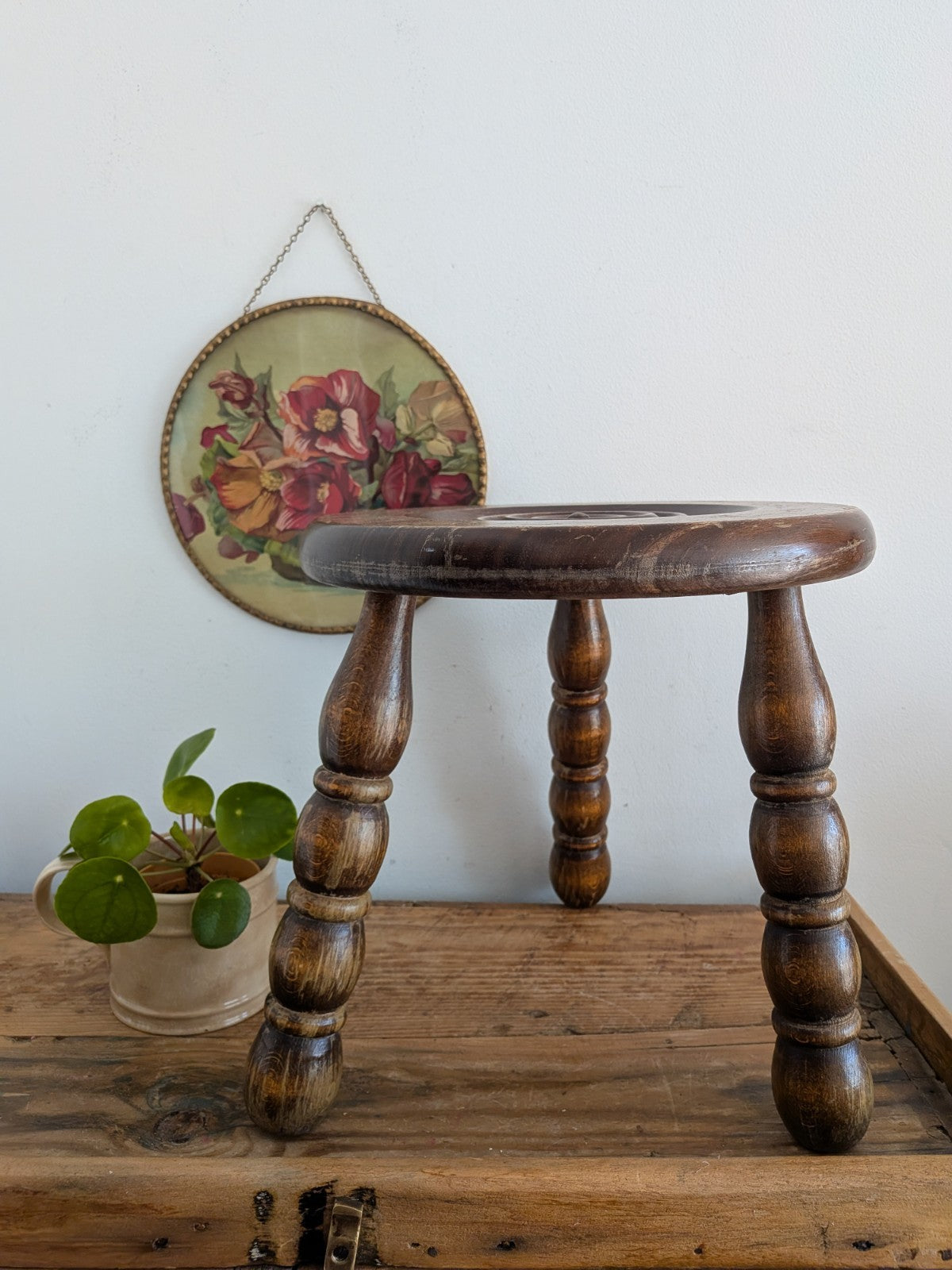 Antique Vintage French Oak Bulls Eye Round Rustic Milking Stool Plant Stand Vgc