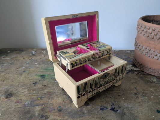 Vintage 50s Musical Jewellery Box Cream French Scene Mirror Japanese Prop Vanity
