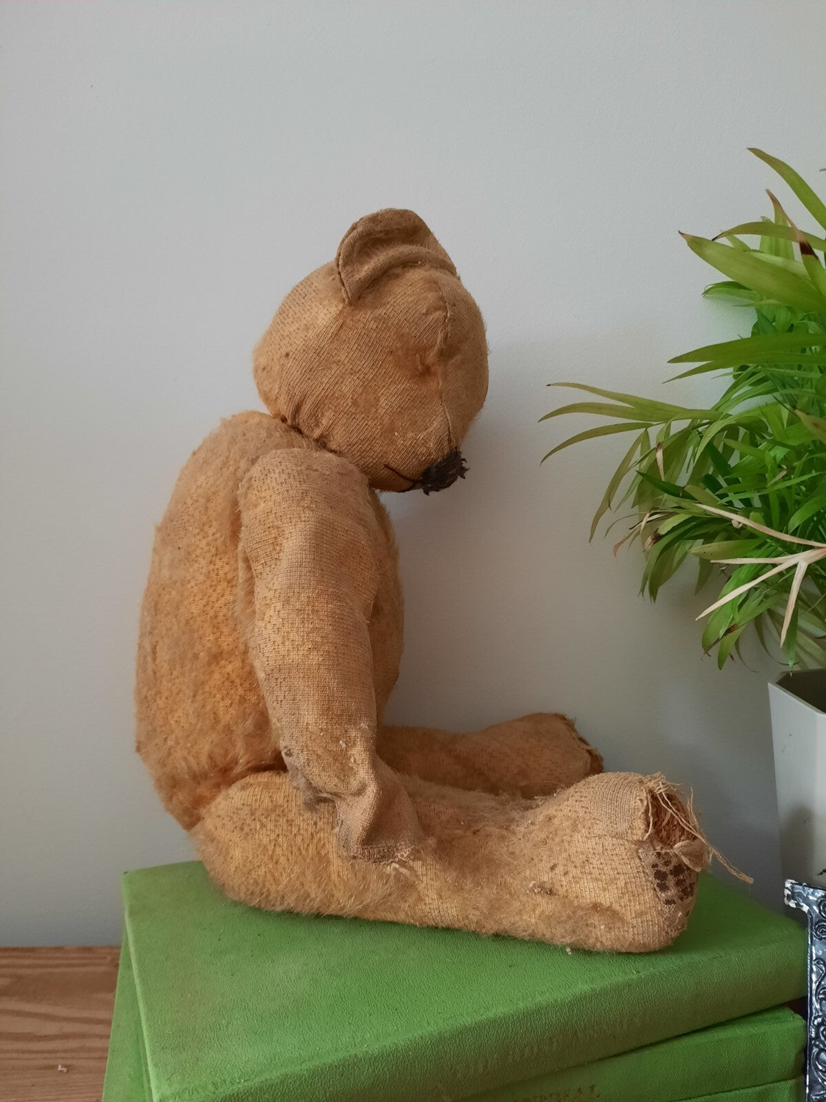 Antique Jointed Old Mohair Teddy Bear straw stuffed vintage RARE worn toy play