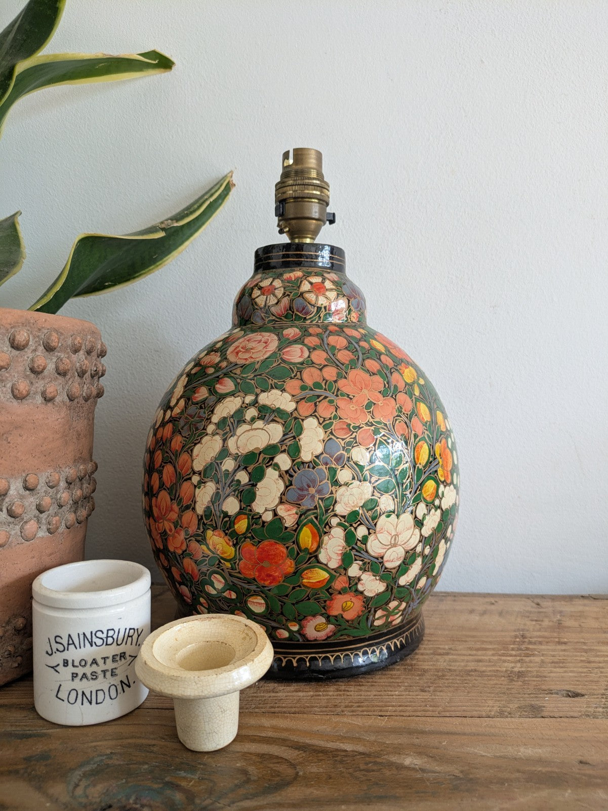 Lamp Base Vintage Kashmiri Indian Lacquer Papier Mache Gilded Flower Cloisonne