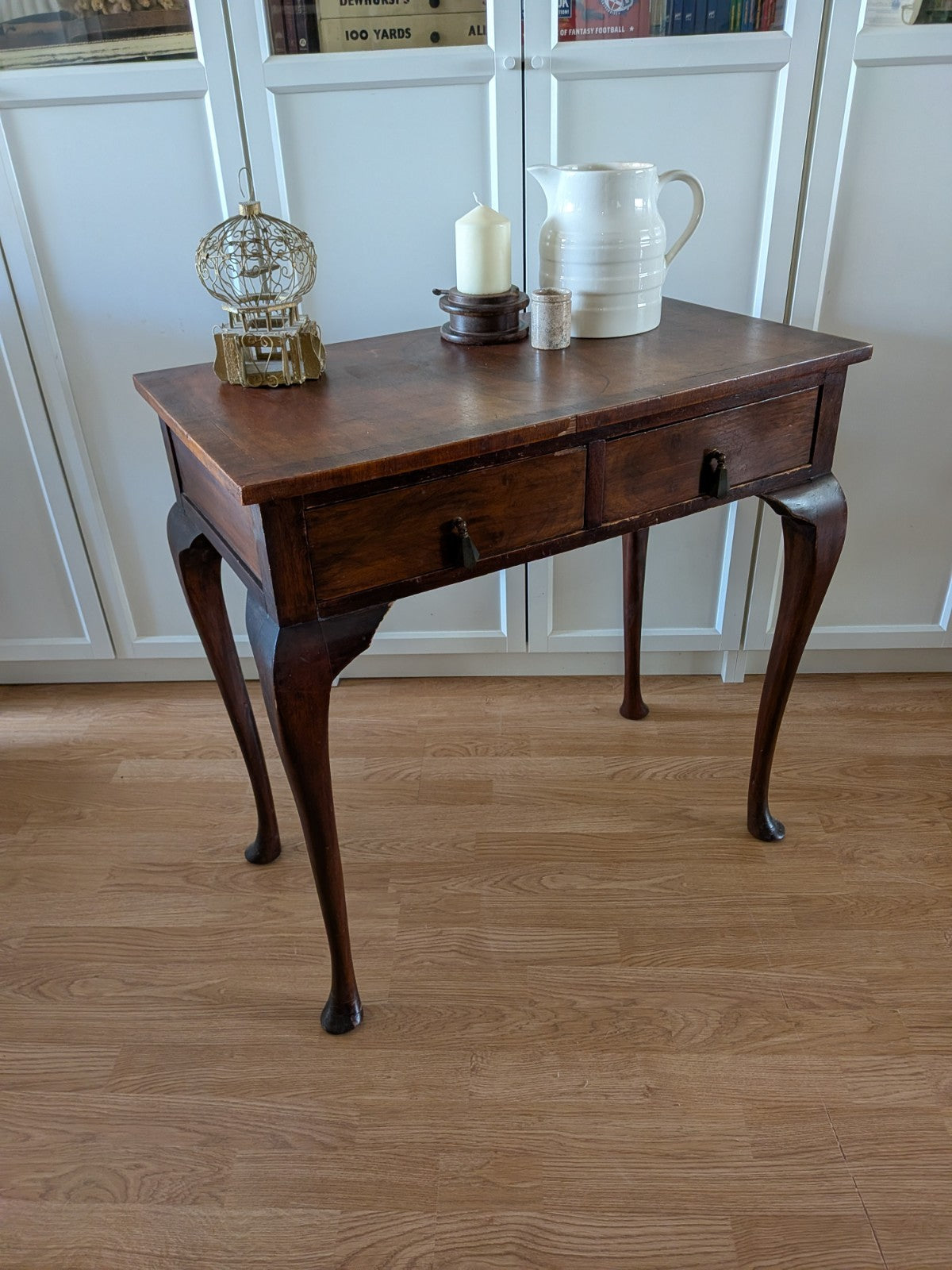 Antique Vintage Walnut Lowboy / Side Table Desk Queen Anne Cabriole Legs Veneer 