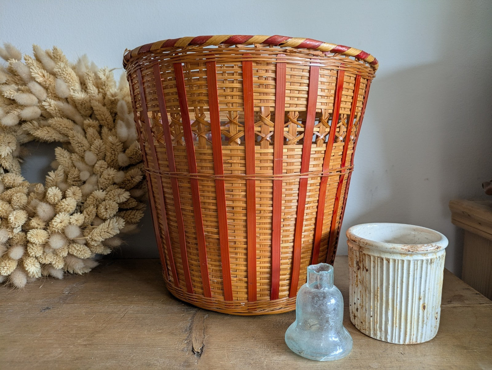 Vintage Mid Century 60 70s Woven Cane Bamboo Bin Planter Plant Pot Tikki Boho 