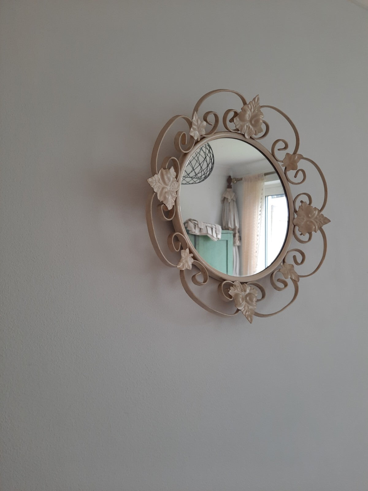 Vtg Retro Round Wrought Iron Wall Mirror Scroll & Leaf Design Cream Circular 70s