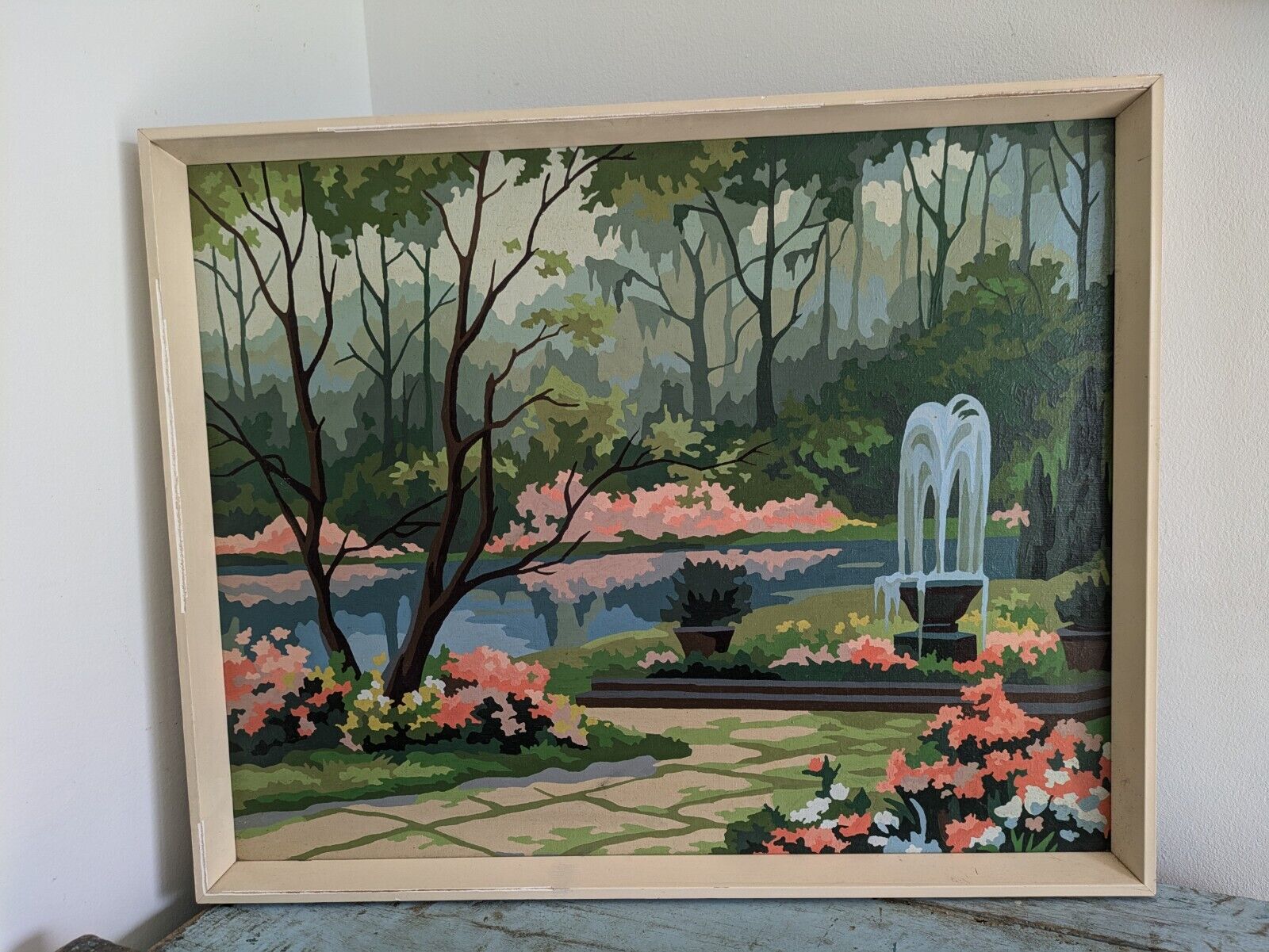 Vintage Framed Paint by Number PBN Fountain Park Scenic Nature Gardens Stream