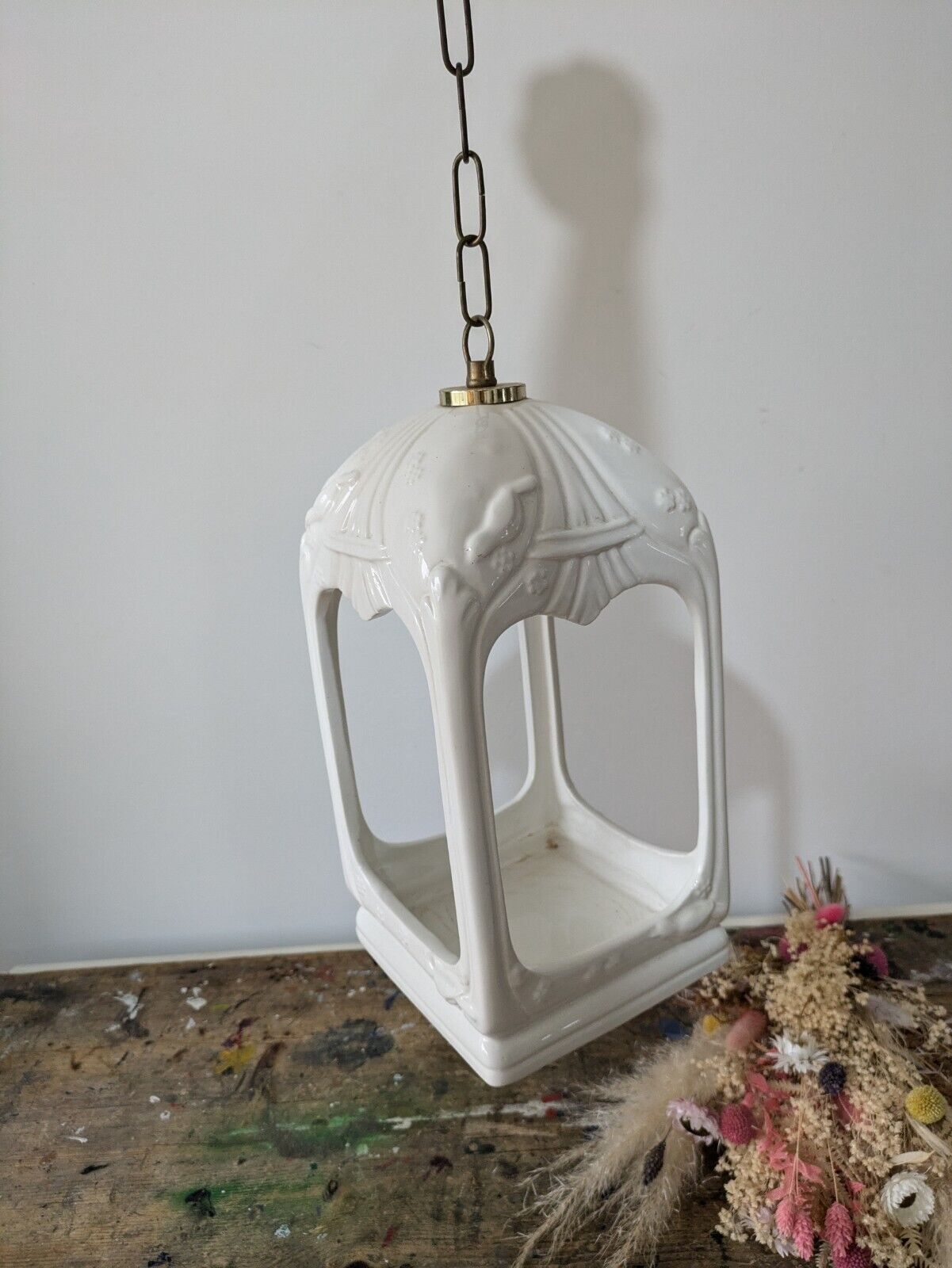 Large VTG White Ceramic Hand Painted Bird Cage Lantern On Chain Candle Holder Vg