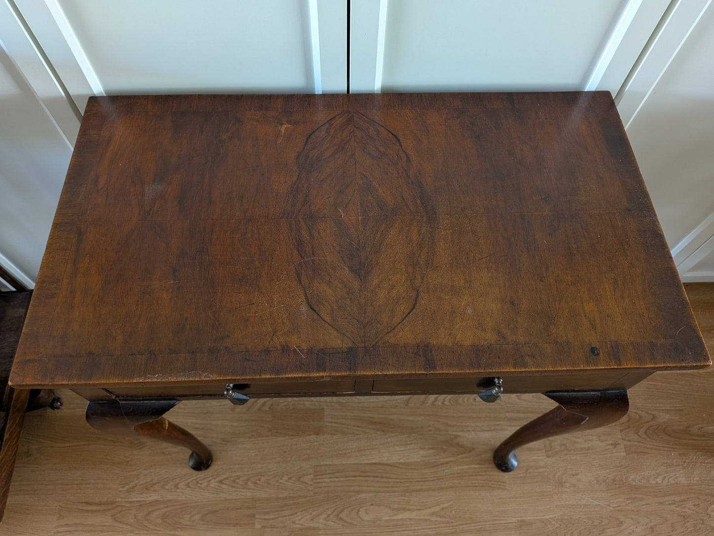Antique Vintage Walnut Lowboy / Side Table Desk Queen Anne Cabriole Legs Veneer 