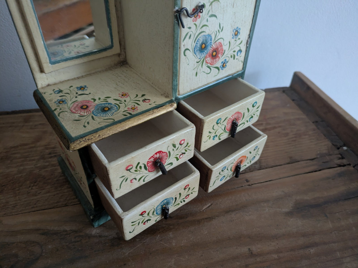 Hand-painted Small Scale Mini Tabletop Cabinet Cupboard Draw Folk Art Furniture