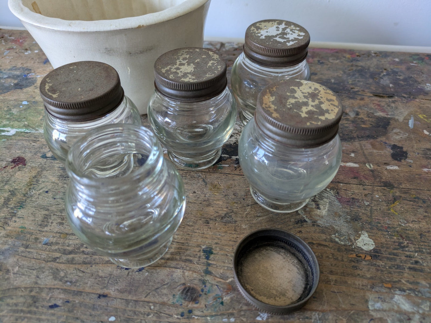 5x Rare Antique Bulb Thick Glass Round Shaped Bakers Cabinet Spice Jars Set VTG