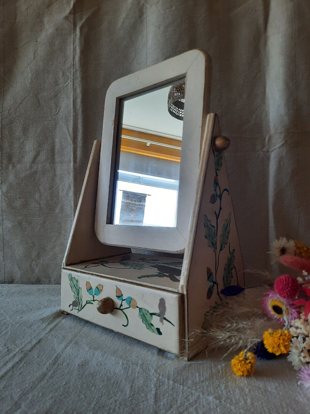 Vintage Wooden Vanity Mirror folk art Wood Table Top Swing Standing drawer old