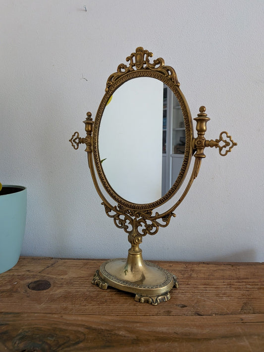 Antique Vintage Oval Dressing Brass Metal Table Vanity Swing Mirror French Style