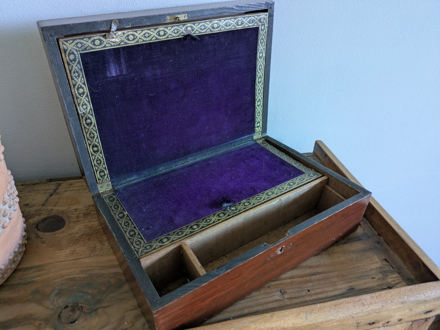 Antique 19th Century English Art Nouveau Campaign Writing Slope Desk Velvet Rare