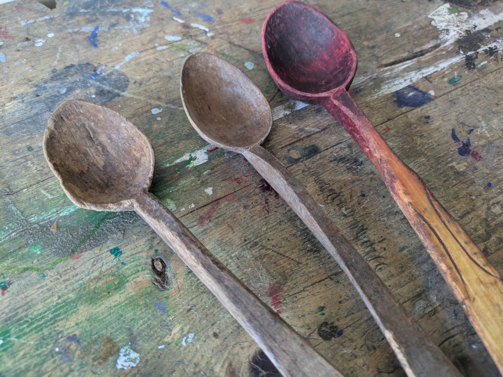OLD ANTIQUE PRIMITIVE WOODEN HANDMADE LONG RARE CARVED SPOONS PADLE - LOT OF 3..