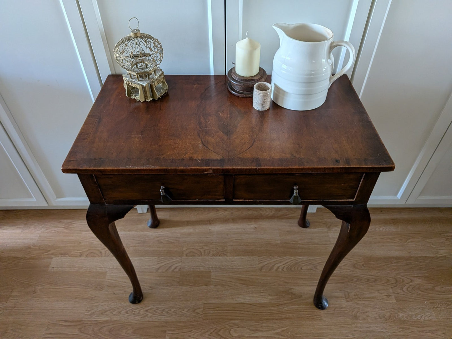 Antique Vintage Walnut Lowboy / Side Table Desk Queen Anne Cabriole Legs Veneer 