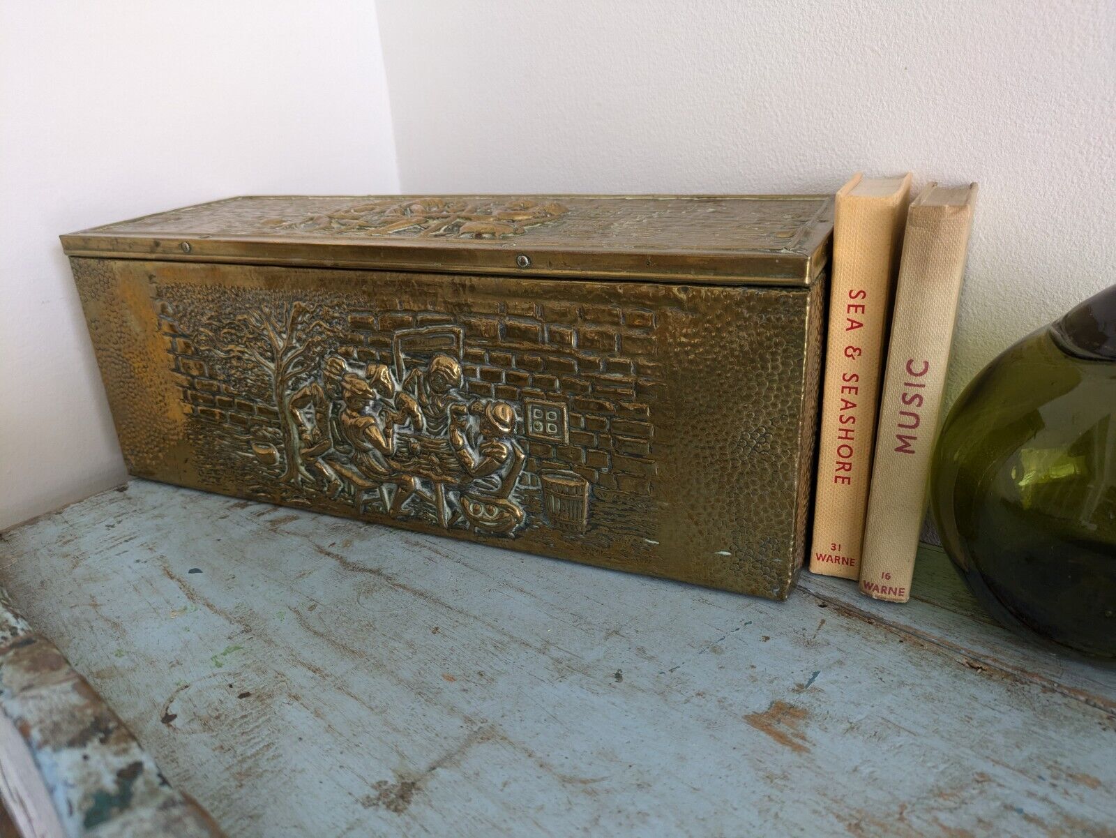 Antique 19th Century Vintage Embossed Brass and Wood Slipper Box Narrow Storage 