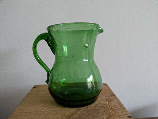 Vintage Emerald Green Bubble Glass Pitcher Jug Vase Hand blown Small Retro Vgc