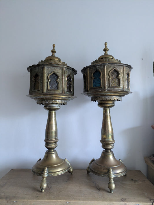 VTG Moroccan Brass Floor Lamps Stained Glass Gothic Original Pair Lights Props 