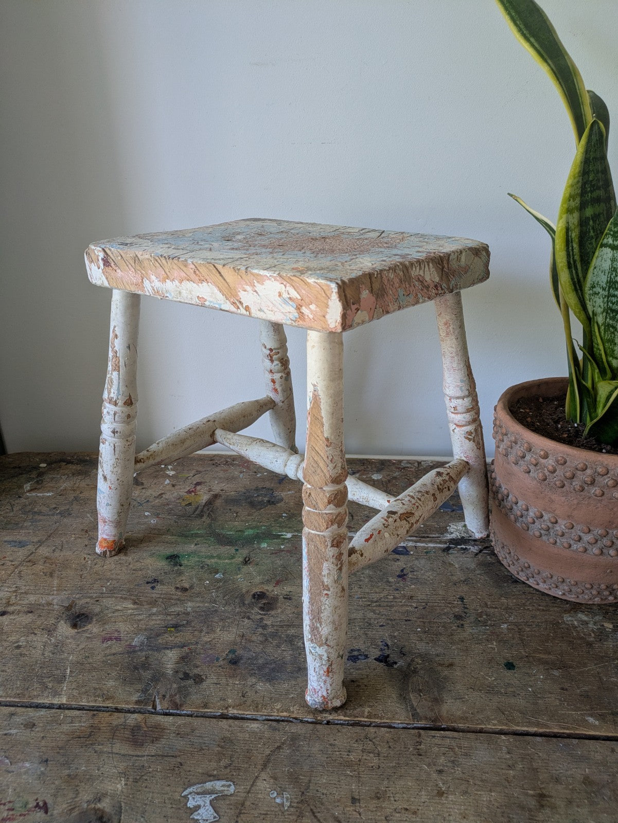 Victorian Antique Foot Stool Chippy Paint original seat chair Vtg Milking Step