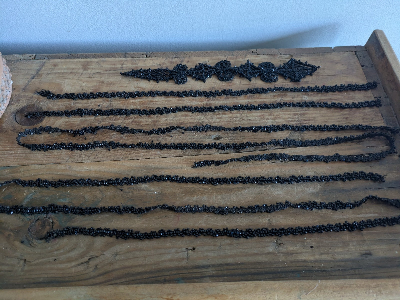 1800s Lot VICTORIAN TRIM Black Beaded Mourning Hand Sewn Applique Haberdashery 