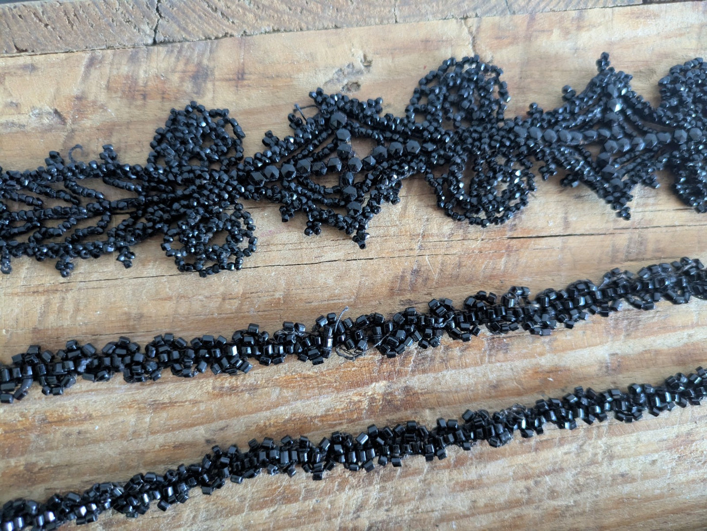 1800s Lot VICTORIAN TRIM Black Beaded Mourning Hand Sewn Applique Haberdashery 