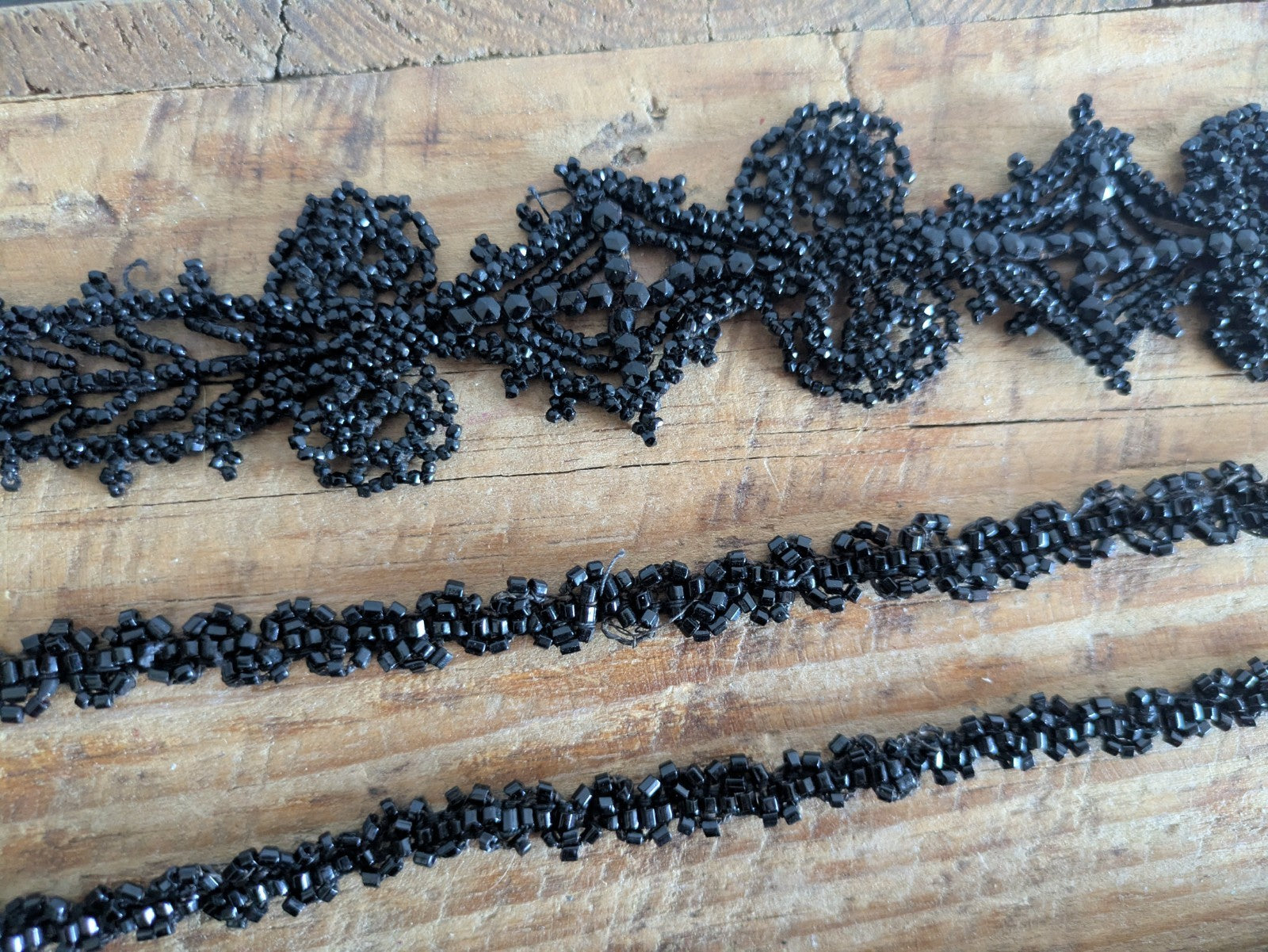 1800s Lot VICTORIAN TRIM Black Beaded Mourning Hand Sewn Applique Haberdashery 