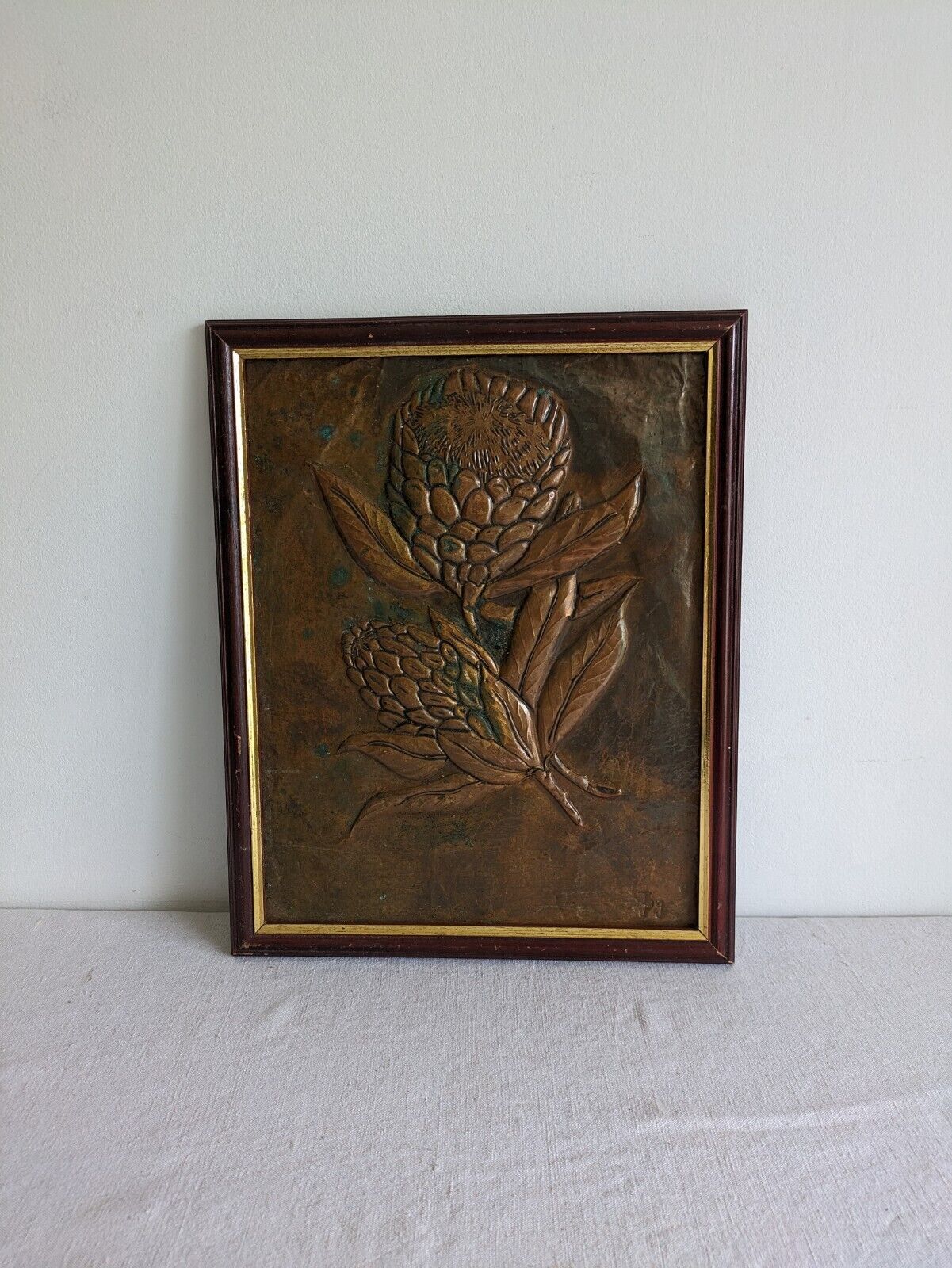 Vintage Copper Plaque Framed Picture Flowers Floral Protia Signed Joy Large Rare