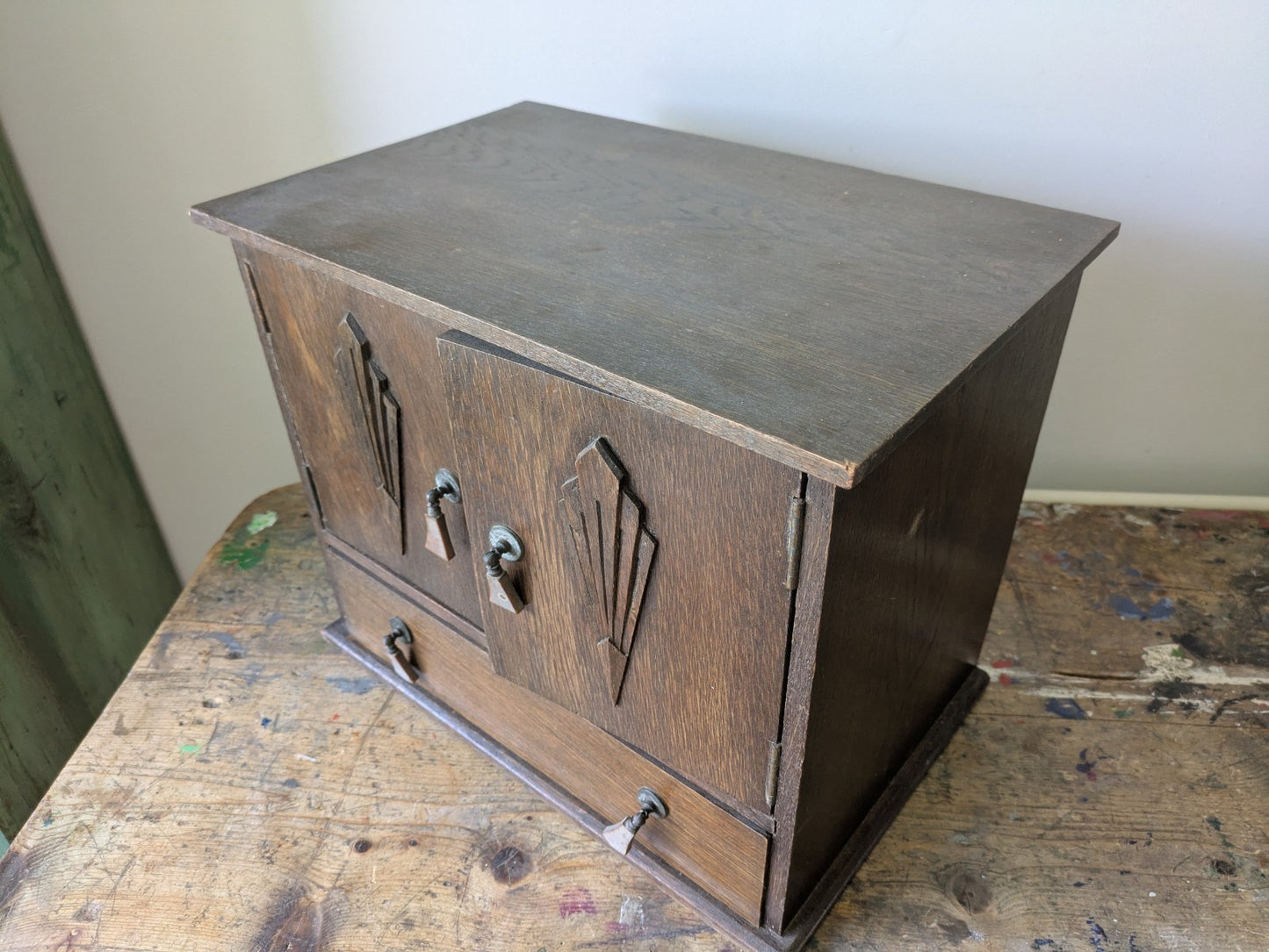 Antique Art Deco Oak Double Fronted Bathroom Wall Vtg Smokers Cabinet Medical 