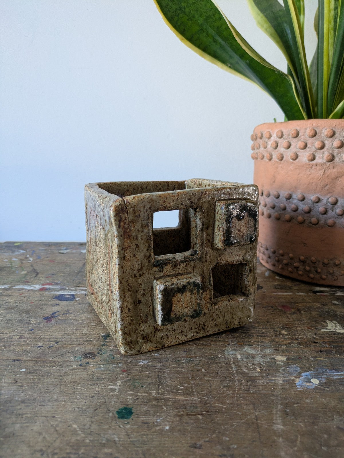 Vintage Retro AGR 1973 Glazed Cube Ceramic Plant Pot Brutalist Mid Century Vgc
