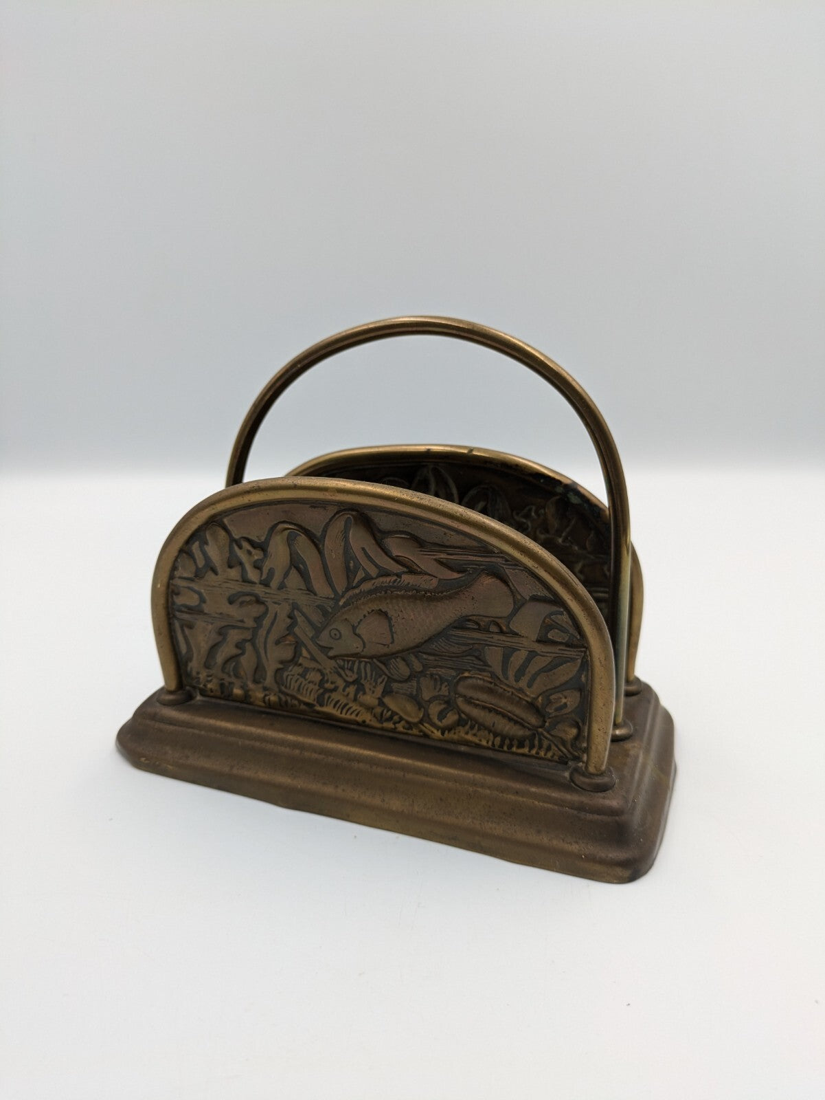 Collectable Brass fish scene letter rack with hooped handle Napkin Holder VTG Vg
