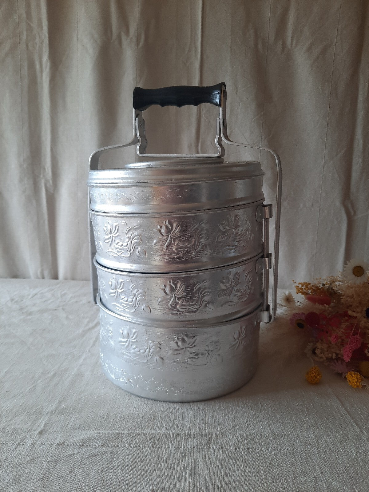 Vintage Stacking Chin Fong Rice Cooking 4 Pot Kitchen Chef Food Chinese Carrier