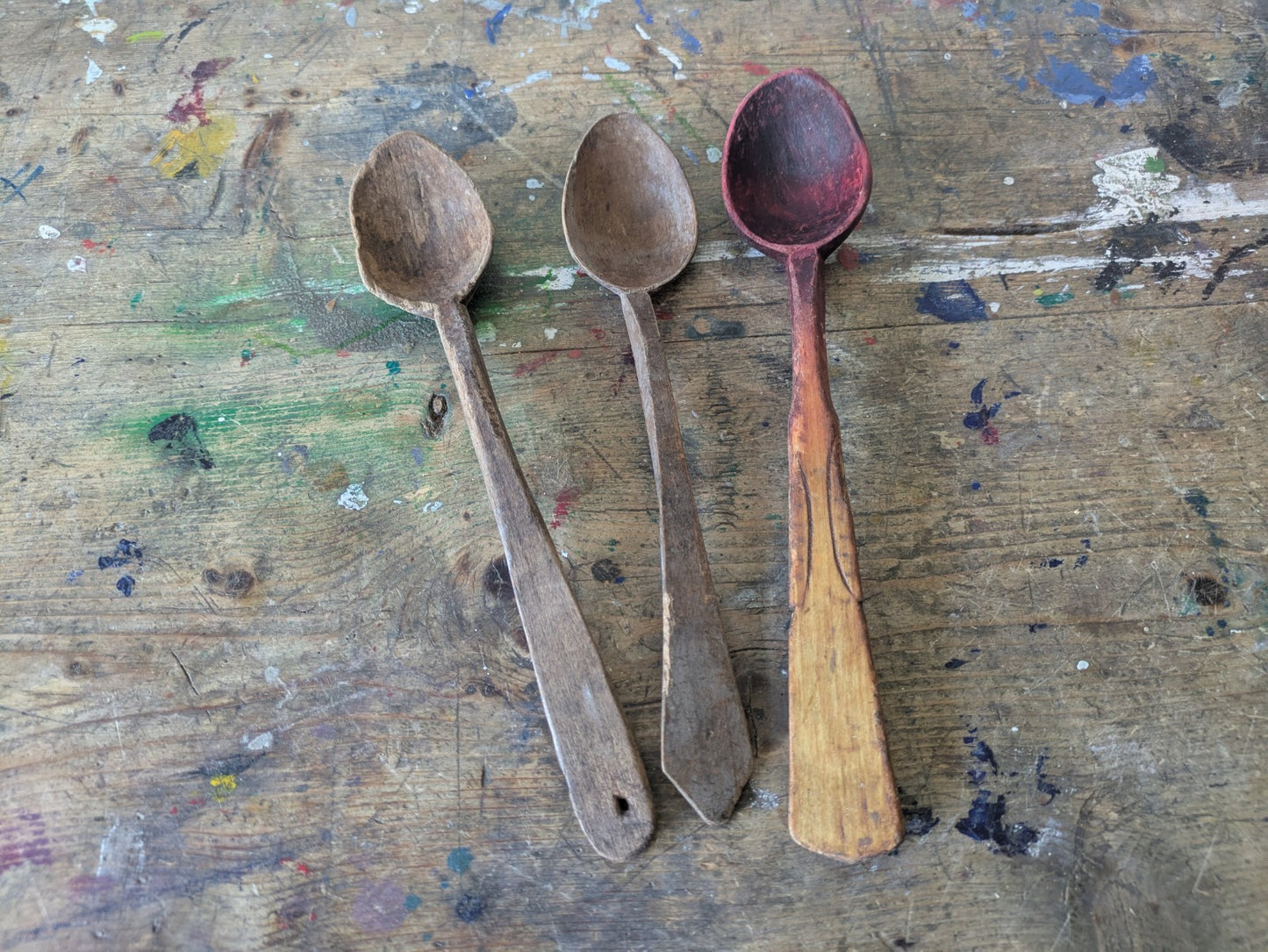 OLD ANTIQUE PRIMITIVE WOODEN HANDMADE LONG RARE CARVED SPOONS PADLE - LOT OF 3..