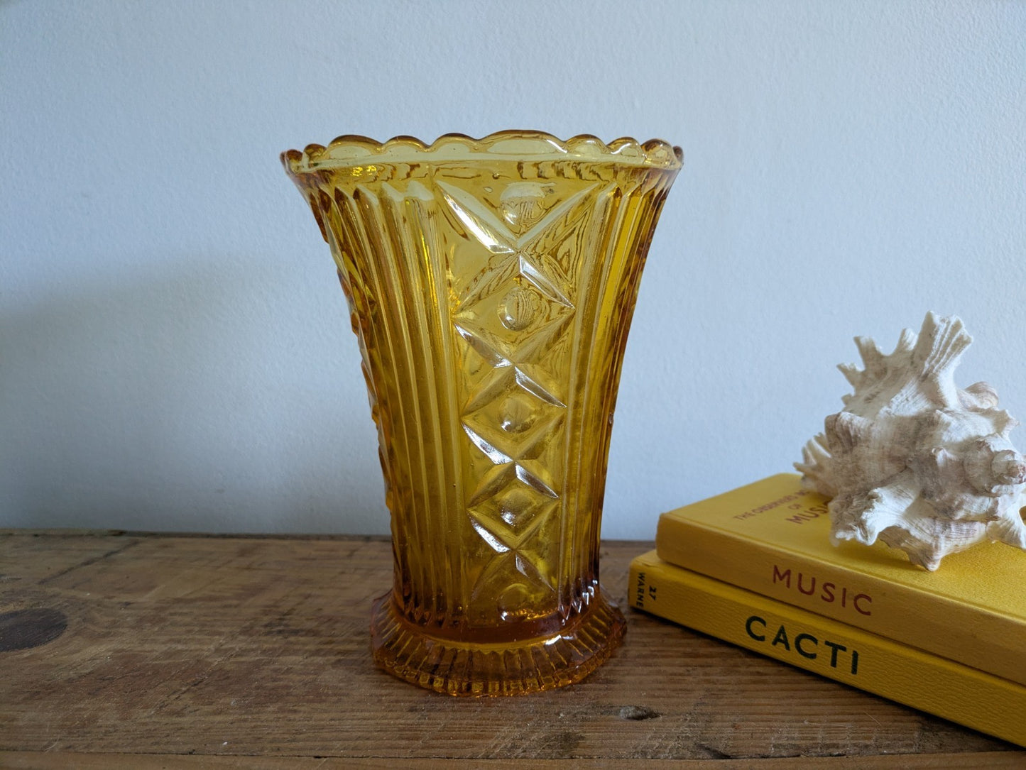 Vintage Art Deco Fluted Amber Glass Flared Vase Heavy Yellow Gold Flowers 17cm H