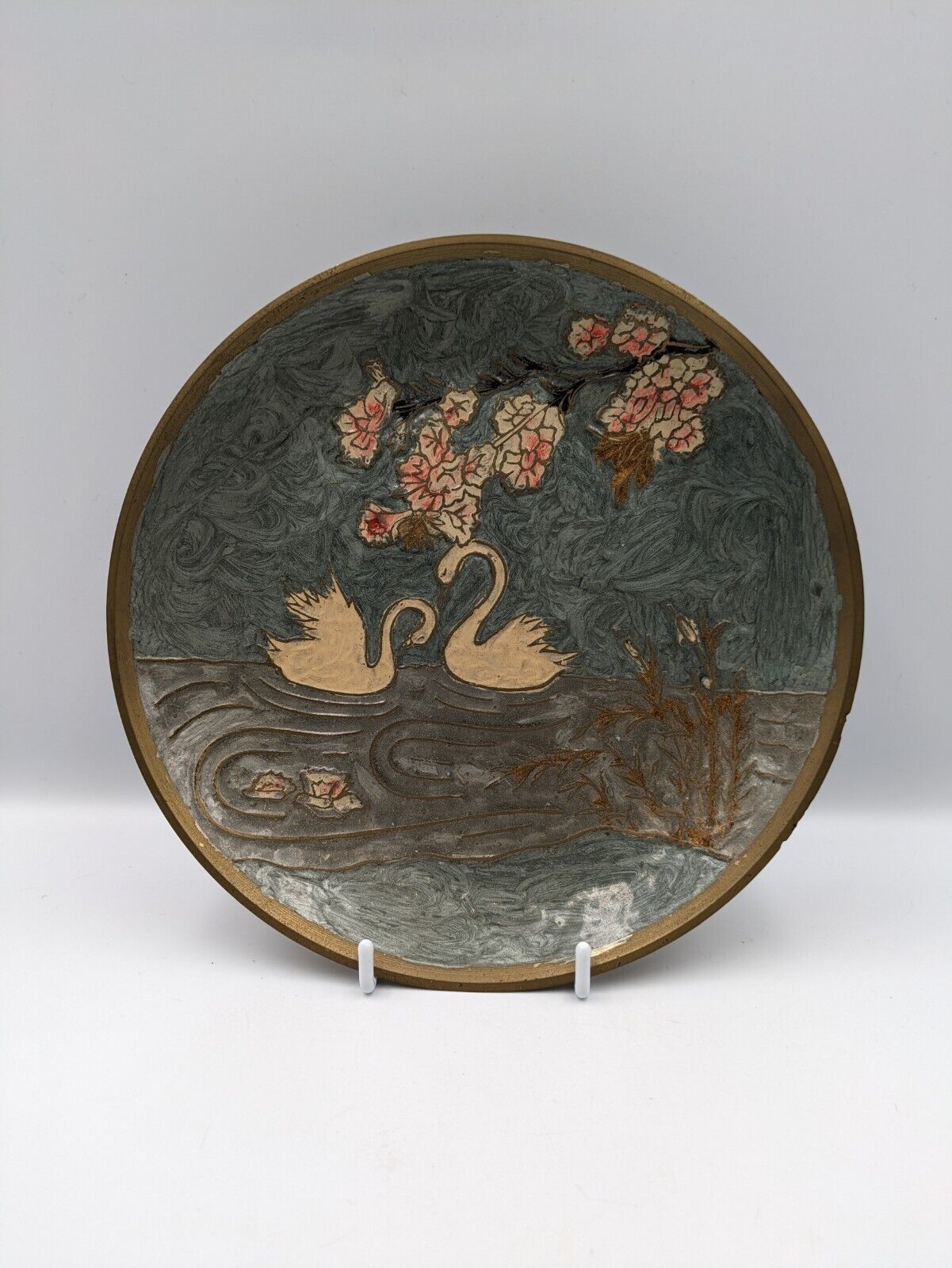 vintage swan enamel plate India dish wall hanging cloisonne Brass Blossom Pond