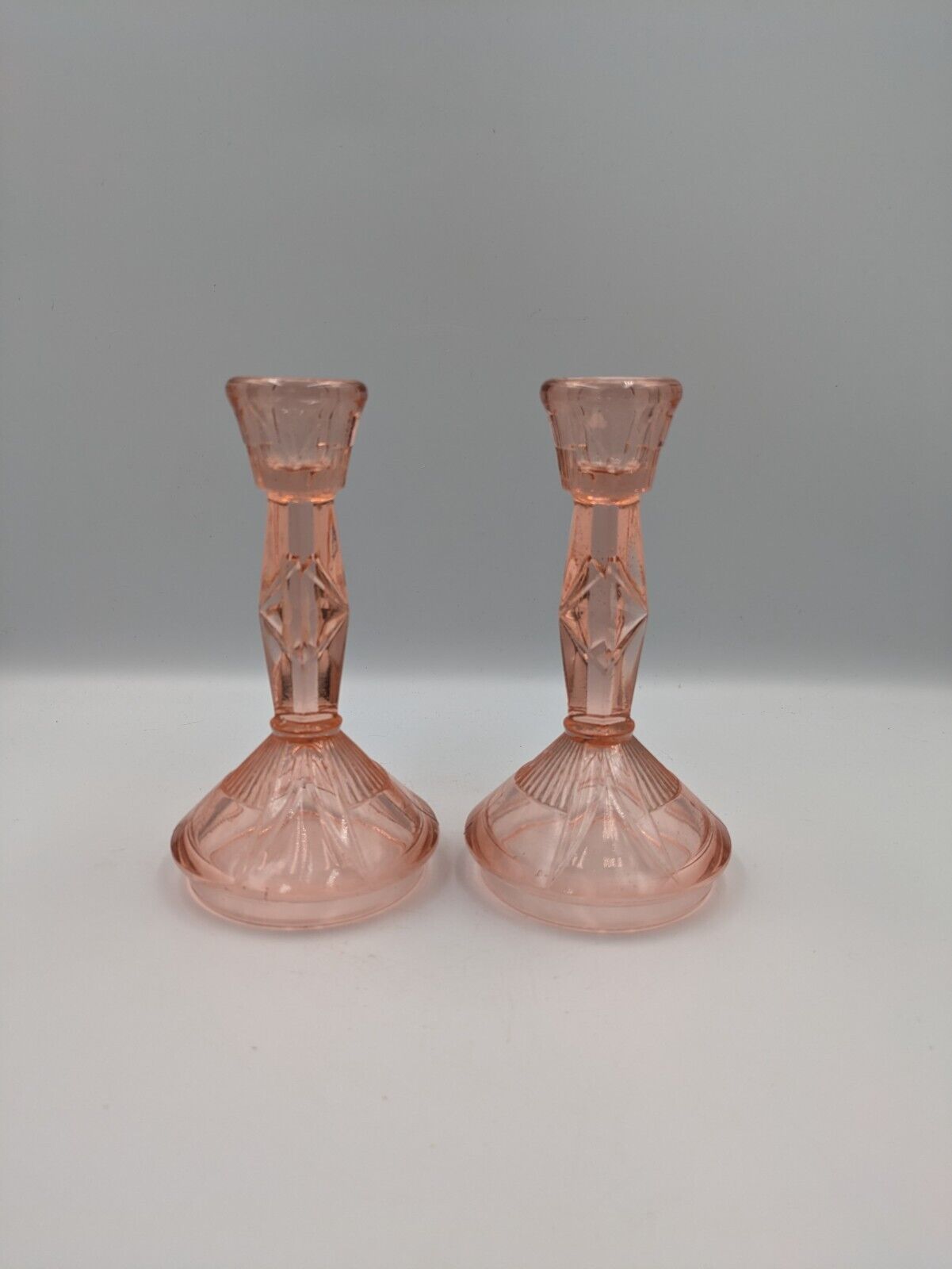 PAIR ART DECO VINTAGE GLASS DEPRESSION PINK GLASS CANDLESTICKS WALTHER VANITY 