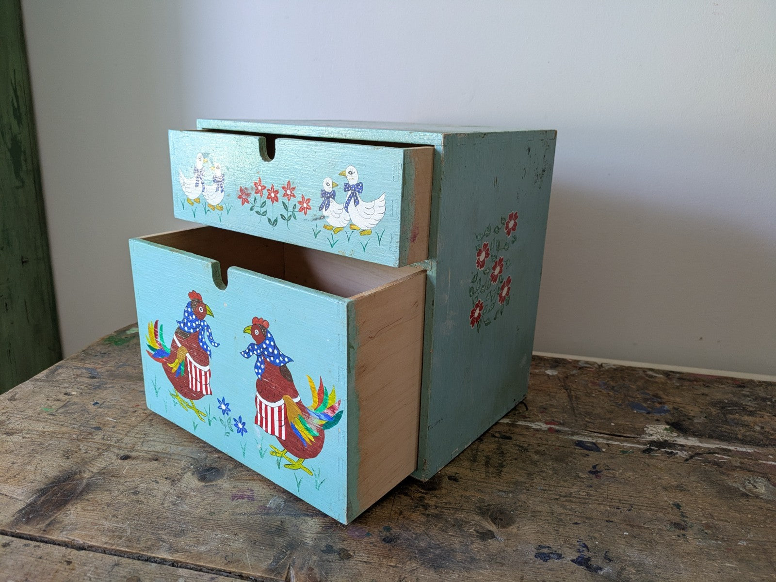 Folk Art Chicken CHEST of DRAWERS BOX KITCHEN Storage Wood Jewellery Vtg Floral