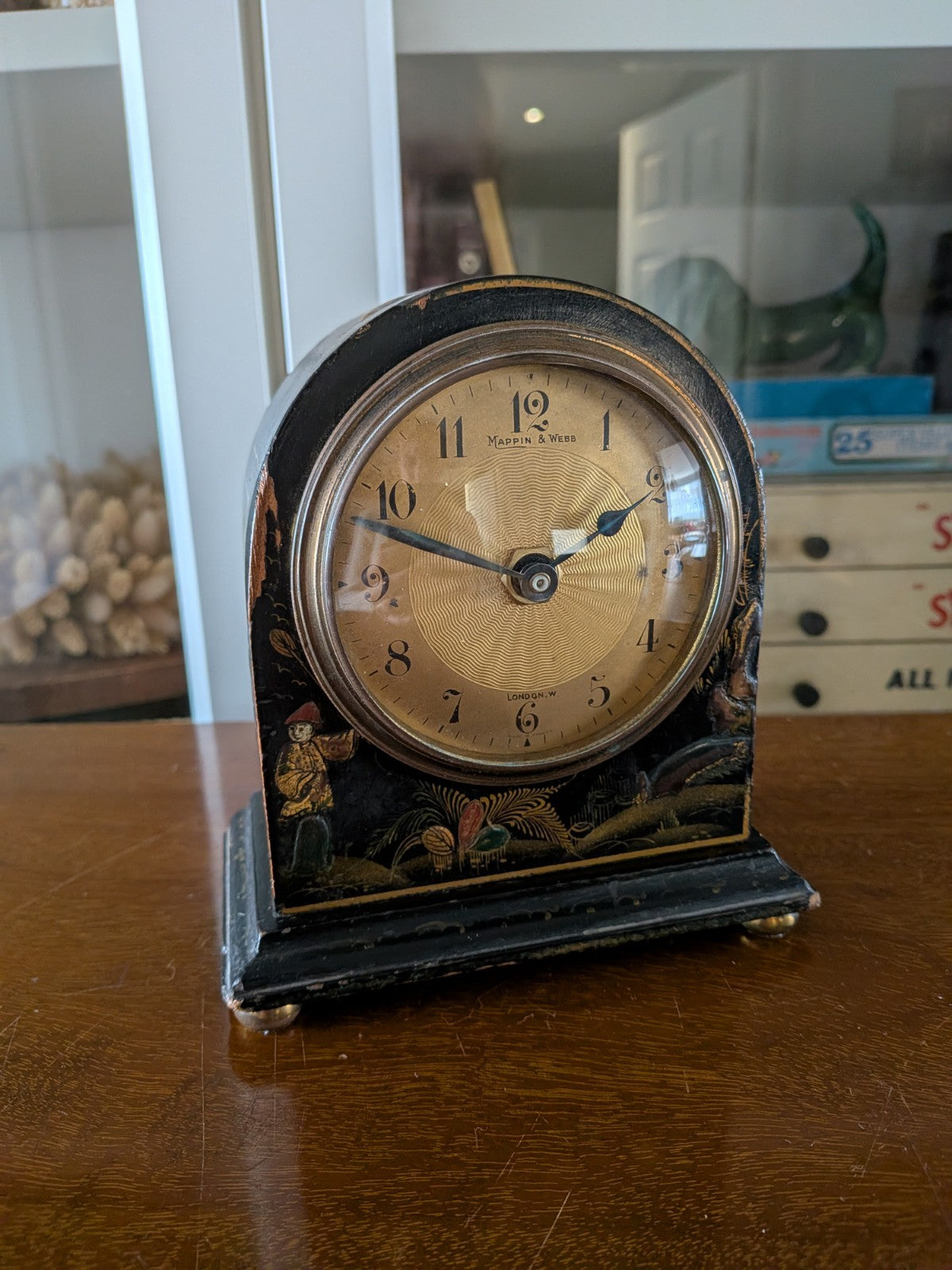 Vintage Antique Mappin And Webb Chinoiserie Chinese Black Lacquered Mantle Clock