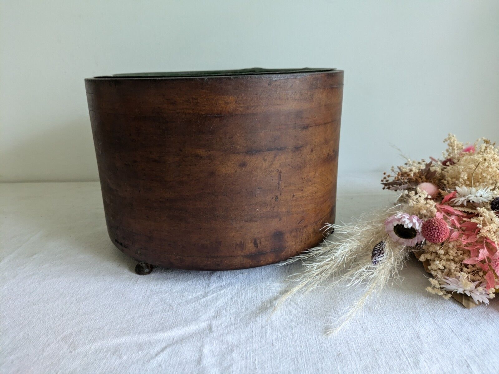 ANTIQUE BENTWOOD LINED WOOD ROUND WOODEN PLANTER PLANT POT TREEN VTG JARDINERE