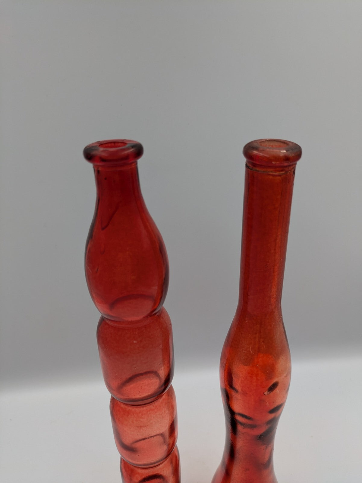 Vintage Retro Red Glass Tall Skinny Wavy Wine Bottle Bohemia Czech Ribbed Vase 