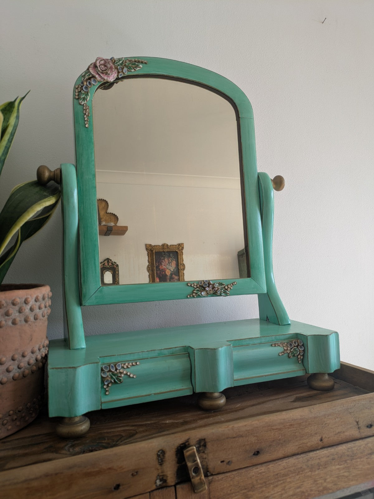 Antique Victorian Edwardian Wood Table Vanity Mirror Drawers Turquoise Floral Vg