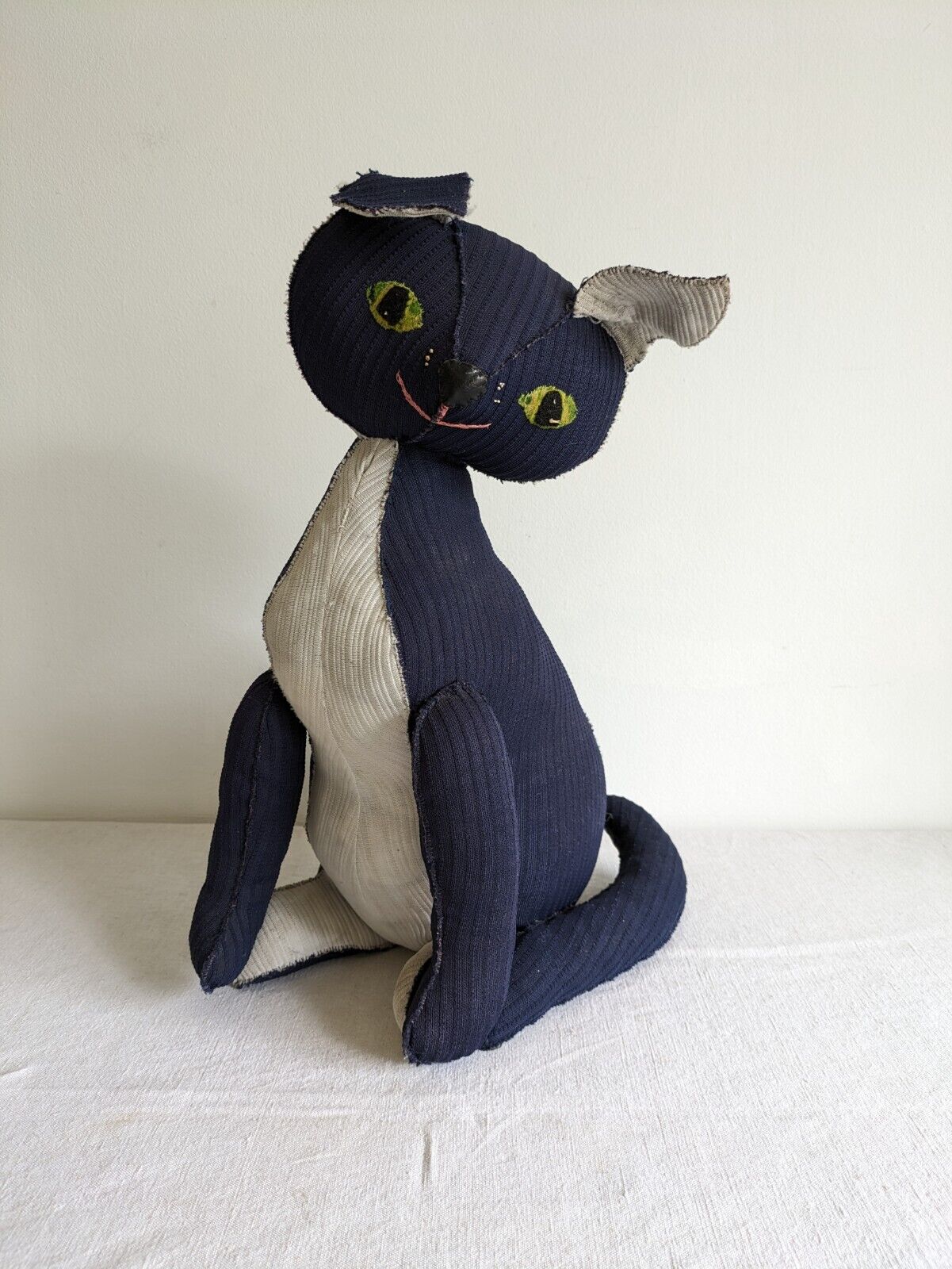 Vintage Cat Door Stopper Handmade White Blue Retro Kitsch Film TV Prop Rare Old