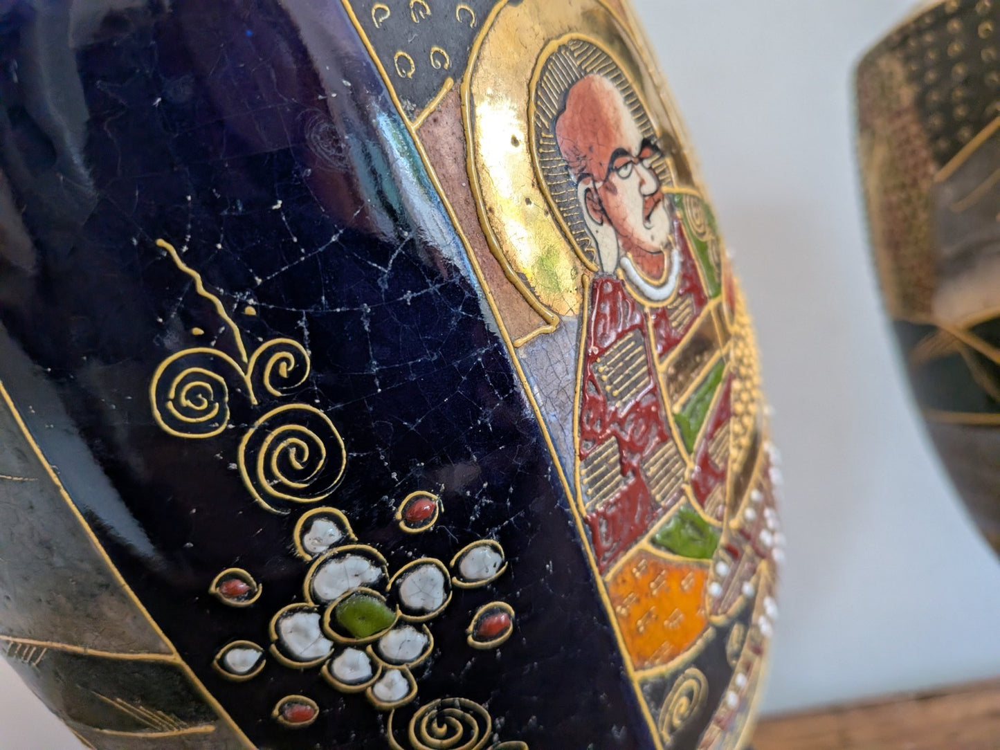 Pair Antique Early 1900s Satsuma Moriage Oriental Vase / Made in Japan Blue Vgc