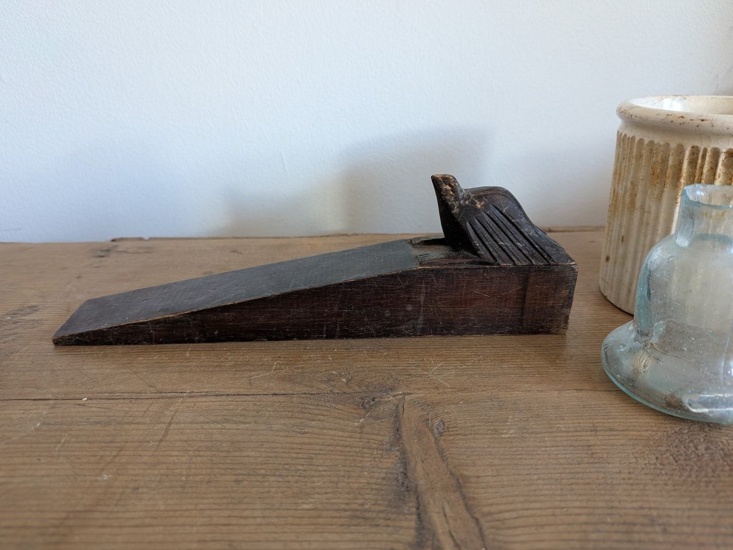 Antique Carved Bird Doorstop Primitive Wood Wedge Eagle Hawk Folk Art Phoenix 