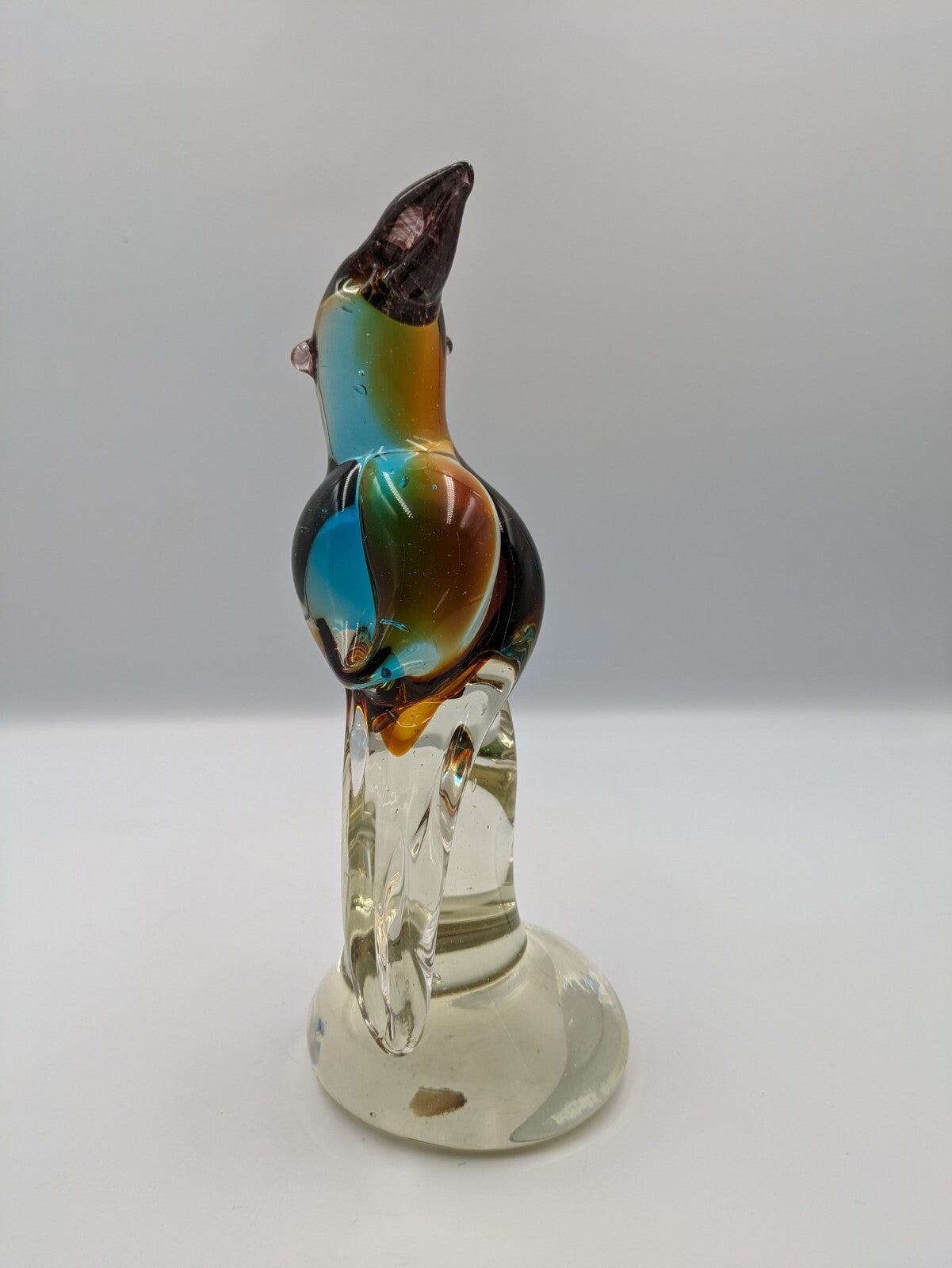 Large Murano Style Heavy Art Glass Brown Blue Bird Vtg Parrot Figurine 21.3cmH 