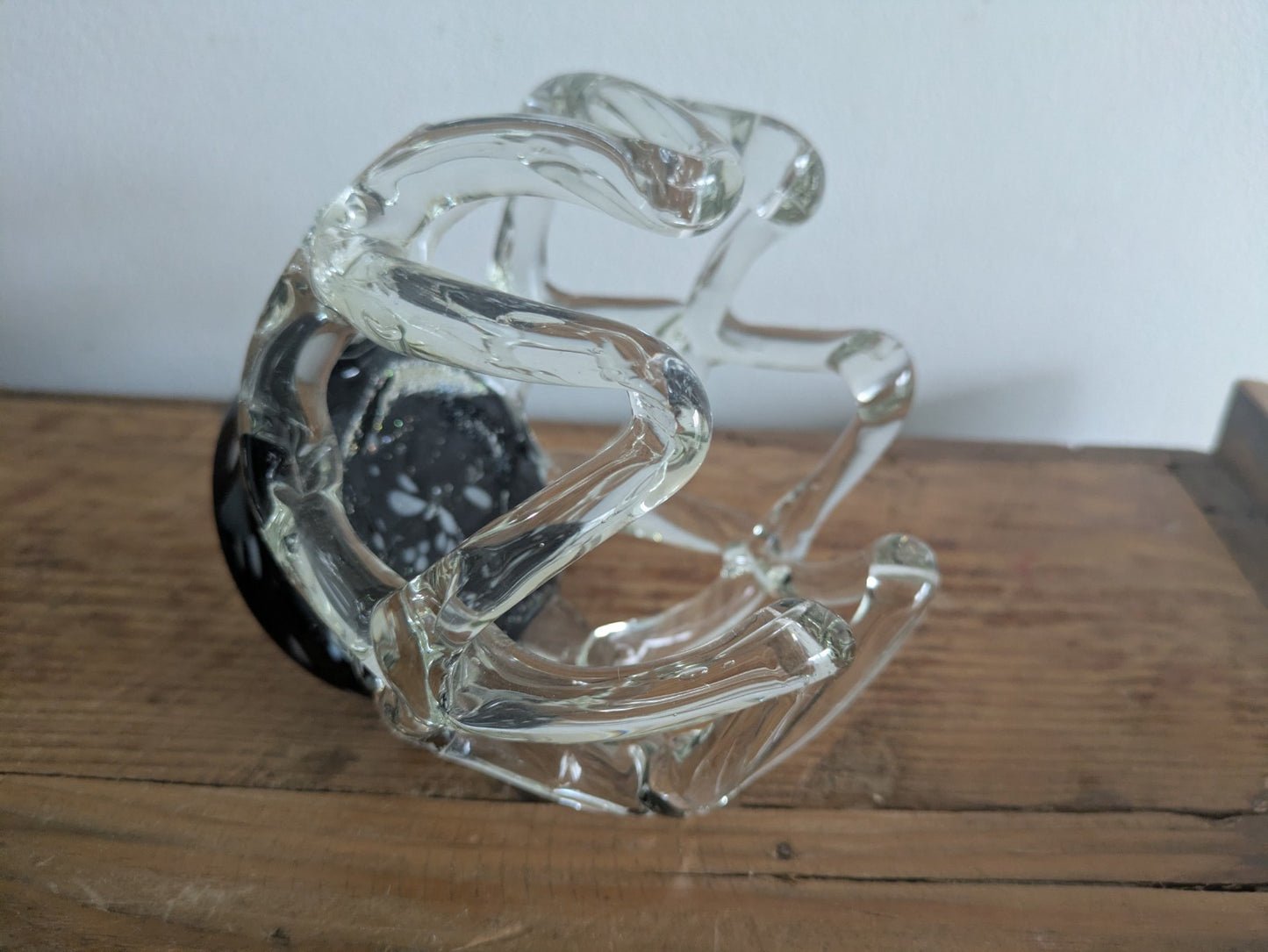 Vintage Murano Style Lattice Webbed Vase Glass Black Clear Centrepiece Bowl Vgc