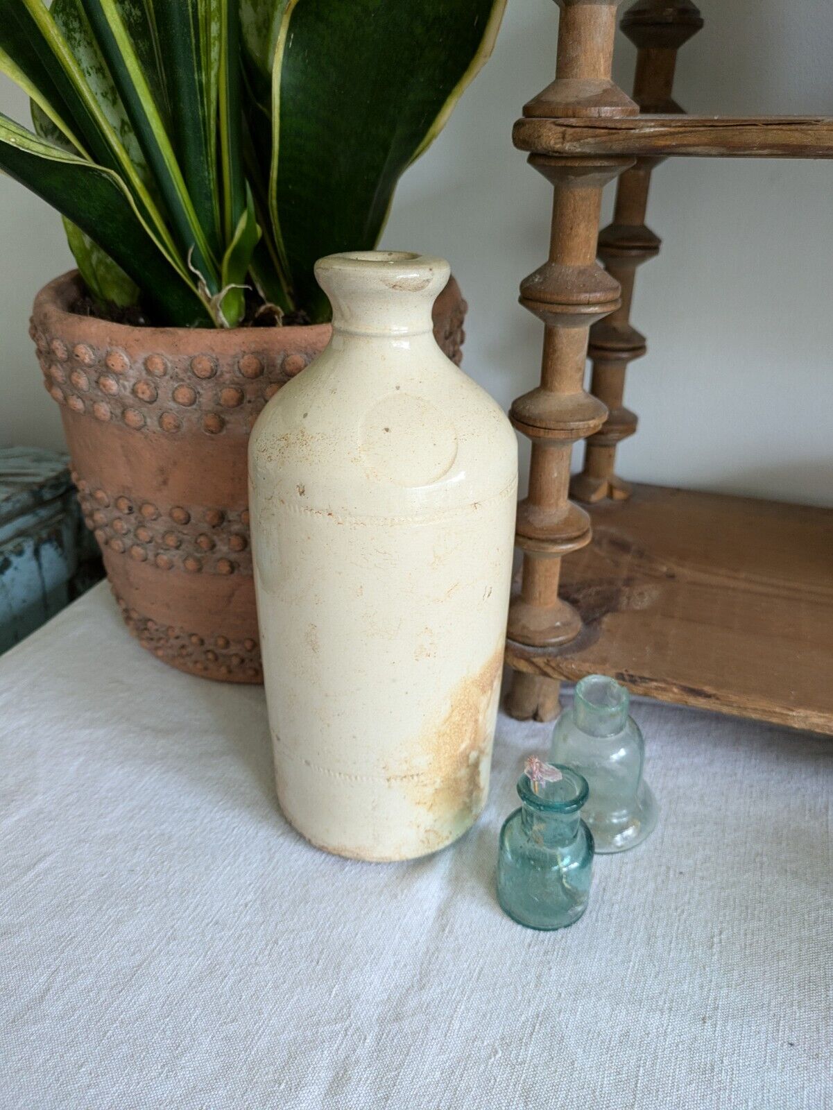 1x XL Cream glaze Stoneware Vintage Earthenware Pot vase Victorian Bottle Ink!